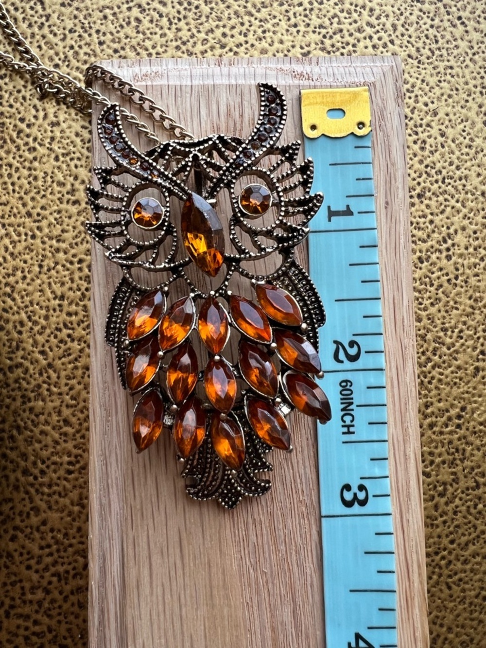 Vintage Style Amber Owl Pendant Long Statement Necklace Bronze Tone - Picture 5 of 5
